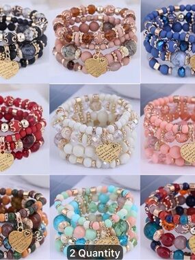 4pcs Beaded Heart Charm Bracelet Stack -white